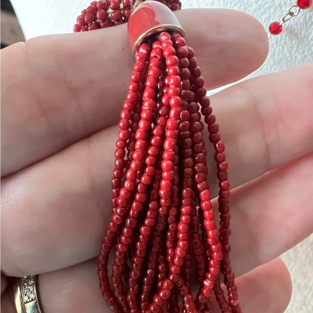NEW! Long Gold Necklace with Red Beads and Tassel 40”